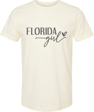 Cream t-shirt with 'Florida girl' text on a white background