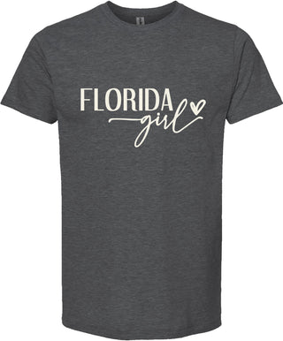 Dark gray t-shirt with 'Florida girl' text on a white background