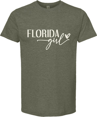 Green t-shirt with 'Florida girl' text on a white background