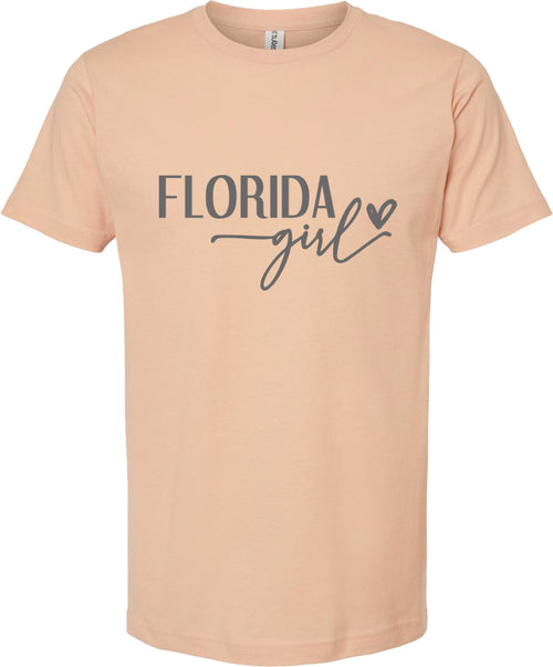 Peach t-shirt with 'Florida girl' text on a white background