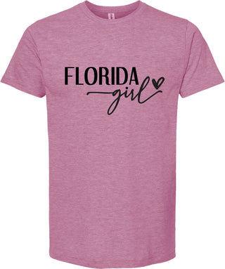Raspberry t-shirt with 'Florida girl' text on a white background