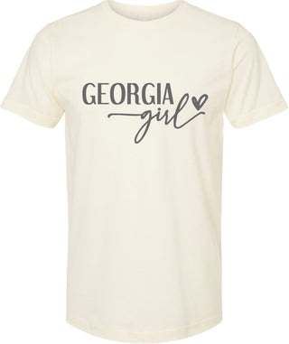Cream t-shirt with 'Georgia girl' text on a white background