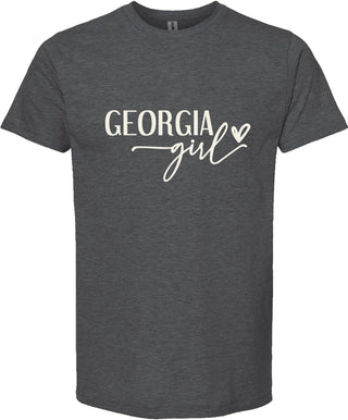 Dark gray t-shirt with 'Georgia girl' text on a white background
