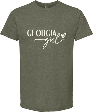 Green t-shirt with 'Georgia girl' text on a white background
