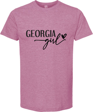 Raspberry t-shirt with 'Georgia girl' text on a white background