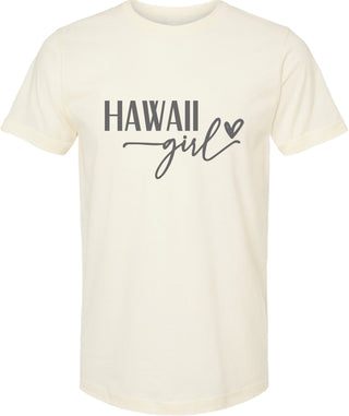 Cream t-shirt with 'Hawaii girl' text on a white background