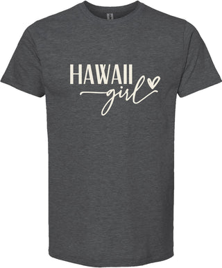 Dark gray t-shirt with 'HAWAII girl' text on a white background