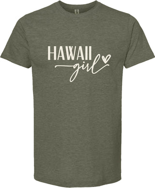 Green t-shirt with 'Hawaii girl' text on a white background