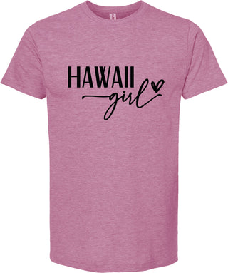 Raspberry t-shirt with 'Hawaii girl' text on a white background