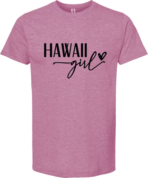 Raspberry t-shirt with 'Hawaii girl' text on a white background