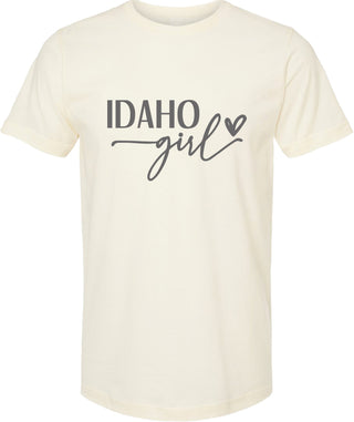 Cream t-shirt with 'Idaho girl' text on a white background