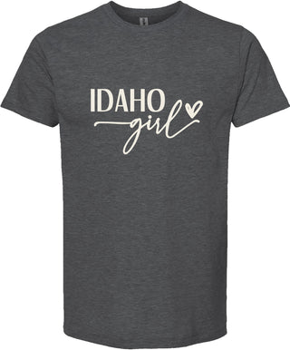 Dark gray t-shirt with 'Idaho girl' text on a white background