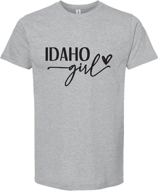Light Gray t-shirt with 'Idaho girl' text on a white background