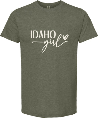 Green t-shirt with 'Idaho girl' text on a white background
