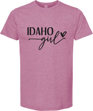 Raspberry t-shirt with 'Idaho Girl' text on a white background