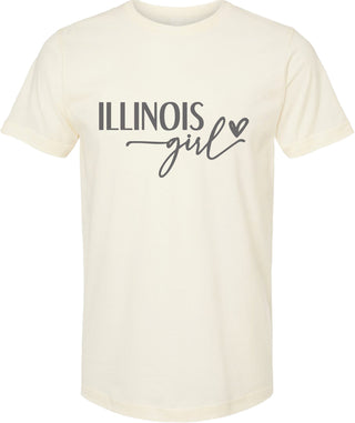 Cream t-shirt with 'Illinois girl' text on a white background
