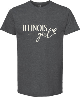 Dark gray t-shirt with 'Illinois girl' text on a white background