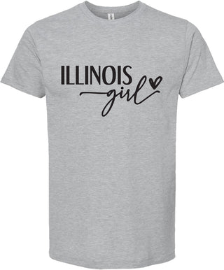 Light Gray t-shirt with 'ILLINOIS girl' text on a white background