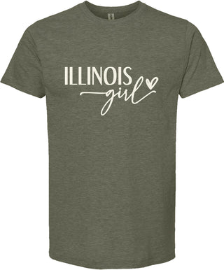 Green t-shirt with 'Illinois girl' text on a white background