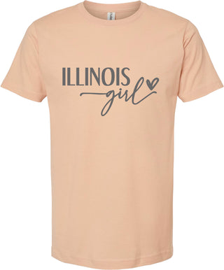 Peach t-shirt with 'ILLINOIS girl' text on a white background