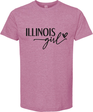 Raspberry t-shirt with 'ILLINOIS girl' text on a white background