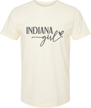 Cream t-shirt with 'Indiana Girl' text on a white background