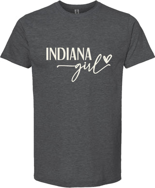 Dark gray t-shirt with 'Indiana girl' text on a white background