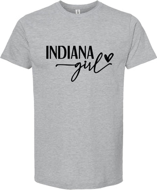 Light Gray t-shirt with 'Indiana girl' text on a white background
