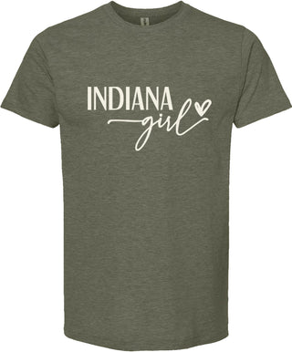 Green t-shirt with 'Indiana girl' text on a white background