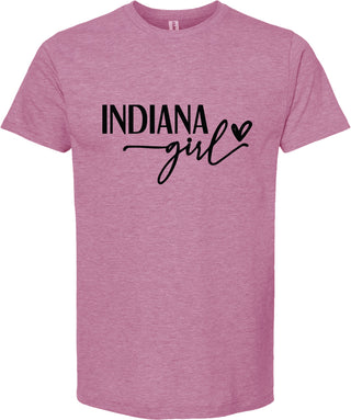 Raspberry unisex t-shirt with "Indiana girl" printed on the front.