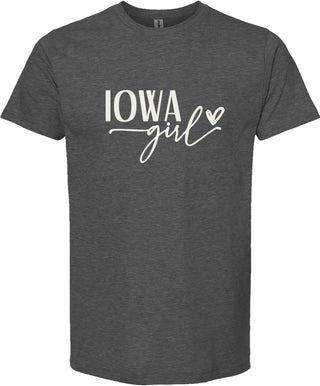 Dark gray t-shirt with 'Iowa Girl' text on a white background