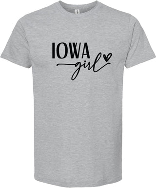 Light Gray t-shirt with 'Iowa Girl' text on a white background
