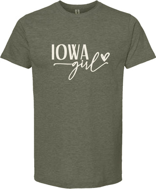 Green t-shirt with 'Iowa Girl' text on a white background