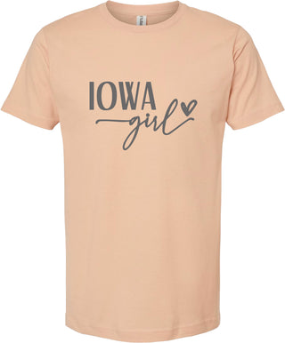 Peach t-shirt with 'Iowa Girl' text on a white background