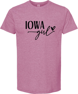 Raspberry t-shirt with 'Iowa girl' text on a white background