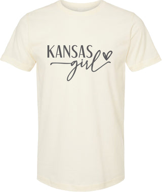 Cream t-shirt with 'Kansas girl' text on a white background