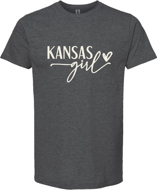 Dark gray t-shirt with 'Kansas girl' text on a white background