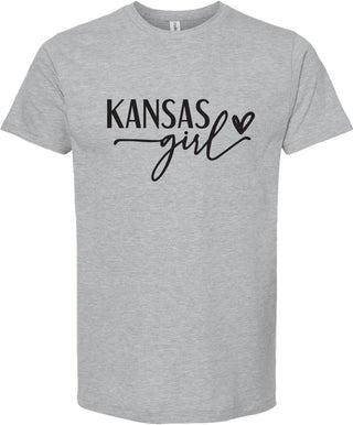 Light Gray t-shirt with 'Kansas Girl' text on a white background
