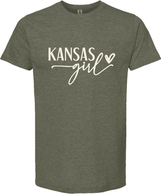 Green t-shirt with 'Kansas girl' text on a white background