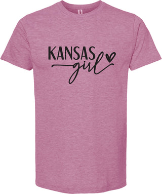Raspberry t-shirt with 'Kansas Girl' text on a white background