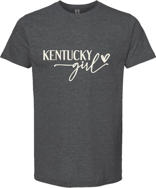 Dark gray t-shirt with 'Kentucky girl' text on a white background