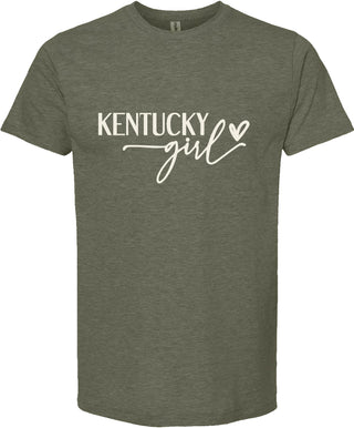 Green t-shirt with 'Kentucky girl' text on a white background