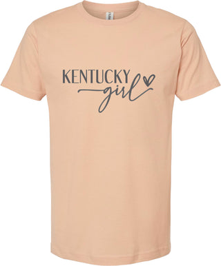 Peach t-shirt with 'Kentucky girl' text on a white background