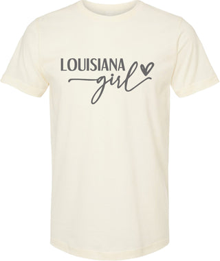 Cream t-shirt with 'Louisiana girl' text on a white background
