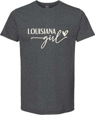 Dark gray t-shirt with 'Louisiana girl' text on a white background