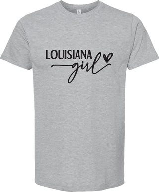 Light Gray t-shirt with 'LOUISIANA girl' text on a white background
