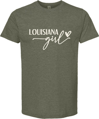 Green t-shirt with 'Louisiana girl' text on a white background