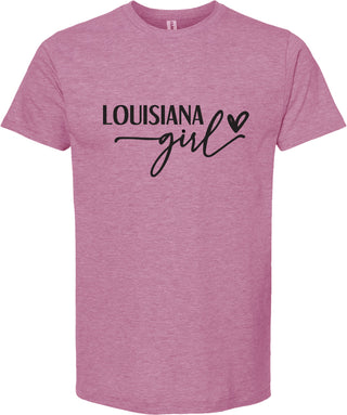 Raspberry t-shirt with 'Louisiana girl' text on a white background