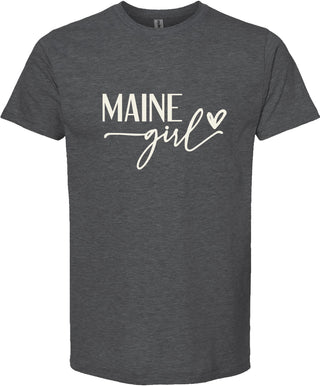 Dark gray t-shirt with 'MAINE girl' text on a white background