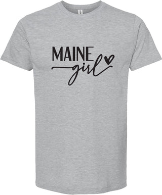 Light Gray t-shirt with 'MAINE girl' text on a white background